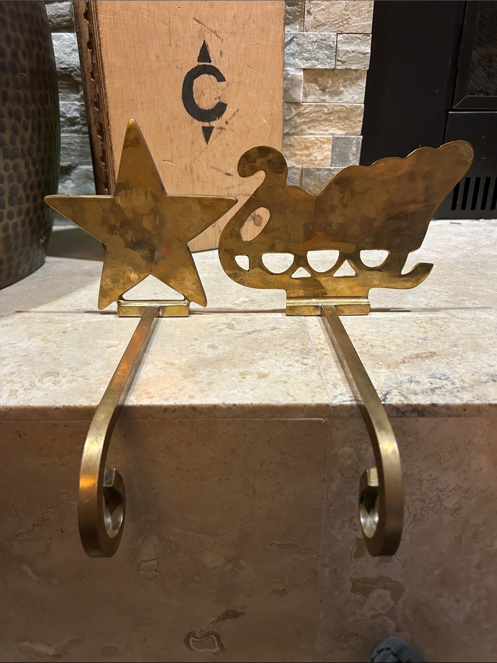 pair of vintage solid brass Long Arm Mantle Christmas stocking holders